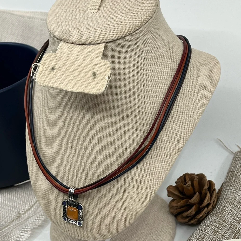 Vintage Ava Yetter Southwestern Pendant Necklace – Amber, Lapis, 925 Sterling - Picture 6 of 17